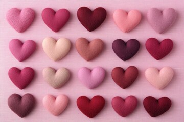 Obraz premium Colorful Fabric Hearts on a Soft Pink Background