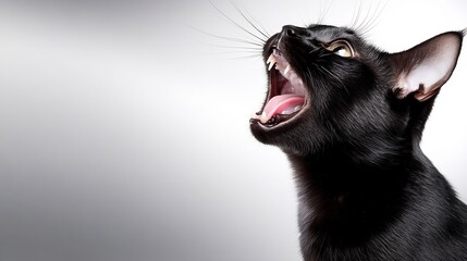 Obraz premium Close-up Photo: Fiercely Yowling Black Cat Against Soft Grey Background. AI Generated