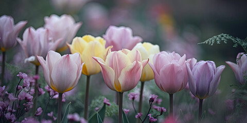 Fototapeta premium Pastel Tulips Spring Bloom Garden Flowers Nature Photography