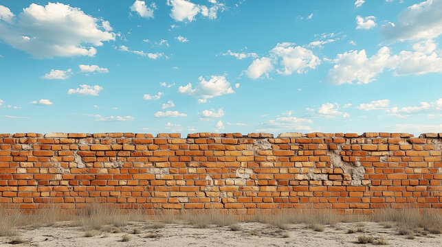 Muro de ladrillos y cielo azul con nubes