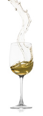 Tasty wine splashing in glass on white background