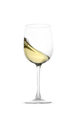 Tasty wine splashing in glass on white background