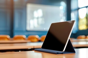 A tablet stands on a table in a modern, well-lit conference room, showcasing a sleek design and a collaborative workspace environment.