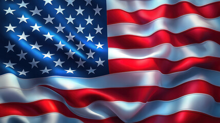 Detailed Close-up of the American Flag in Motion, A vibrant, detailed close-up of the American flag, rendered with realistic folds and light catching the surface.