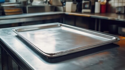 Empty metal baking sheet on counter. Ideal for recipes, cooking blogs, or commercial kitchen settings.