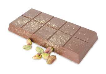 Dubai chocolate bar with pistachios and knafeh isolated on white