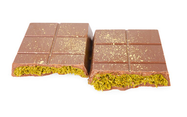 Pieces of tasty Dubai chocolate with pistachios and knafeh isolated on white
