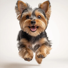 Happy yorkshire terrier jumping with white background