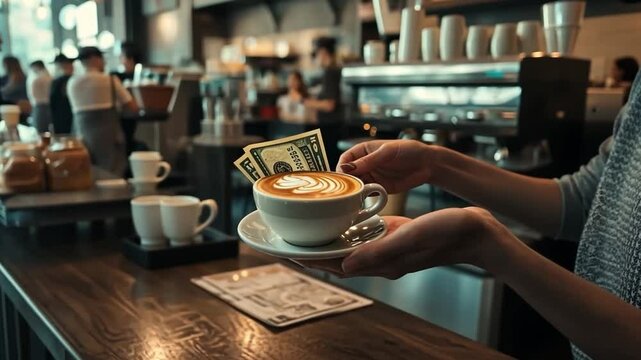 This inviting coffee scene mixes warmth and fascination. The cash adds a playful touch. Ideal for articles about cafes, lifestyle, and modern culture. Generative AI