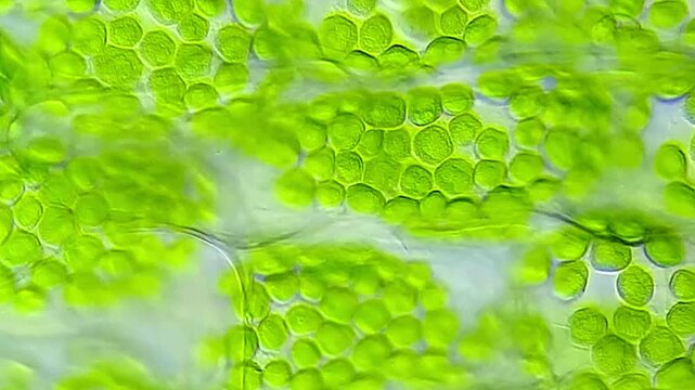 Chlorophyll in Ceratophyllum demersum cell under microscope 