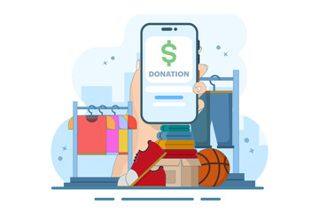 Online Donation Concept for community, smart devices with equipment, clothes and shoes, digital marketing. Charity, love and community support. Flat vector illustration on background.