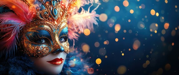 Obraz premium Elegant woman in vibrant feathered masquerade mask during a festive celebration with bokeh background, showcasing rich colors and artistic flair for a stunning visual impact.
