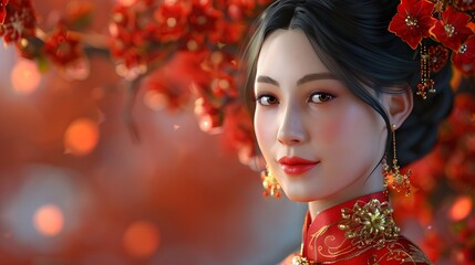 Beautiful woman in traditional attire surrounded by floral backdrop