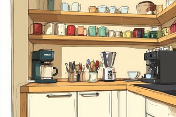 Stylish Kitchen Corner with Coffee Makers and Mugs