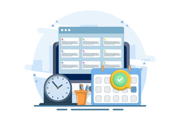 Planning concept Time management, schedule, deadline, planner, planning and organizing. Time organization efficiency. Project team work schedule. Good business process. Flat vector illustration.