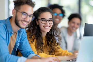 Fototapeta premium A group of young people collaborate and smile while using laptops, showcasing teamwork and creativity in a bright, modern workspace.