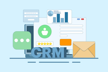 CRM concept for business, customer relationship management. Business uses CRM software to manage customers, Business analytics, CRM technology, vector illustration with icons on background.