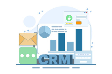 CRM concept for business, customer relationship management. Business uses CRM software to manage customers, Business analytics, CRM technology, vector illustration with icons on background.