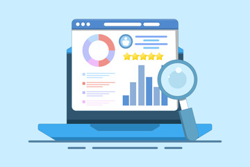 Business concept with online business report, Business data analysis, Big data for business, Data science, Business statistics and statements, Analytical dashboard. Flat vector illustration.