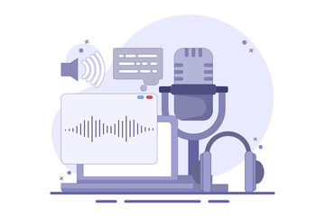 Obraz premium Podcast and broadcasting concept. Radio studio talking into microphone and recording audio podcast or live online interview. Flat design suitable for various purposes. Flat vector illustration.