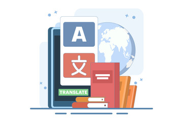 Translation concept. Online translator. Modern flat cartoon style. Online multilingual translator app concept, Using translator app on smartphone to learn languages. Vector illustration.
