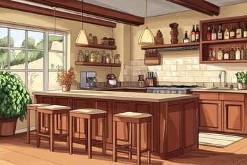 Sunlit Kitchen Island with Wooden Cabinets and Bar Stools