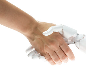 Artificial intelligence. Woman shaking hands with robot on white background, closeup