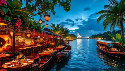 Obraz premium Romantic Riverfront Restaurant Scene at Dusk