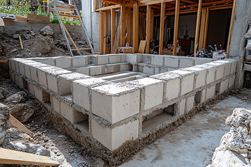 Construction site featuring the process of building walls with aerated concrete blocks, showcasing precision, durability, and efficiency in modern construction techniques.