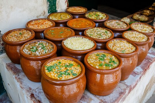 A traditional iftar table with clay pots, fresh bread, and fragrant dishes like biryani and kebabs