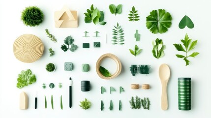 A variety of green leaves, plants, and natural materials are arranged artfully on a white background, showcasing textures and shapes.