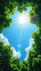 Sun-drenched sky framed by lush, green treetops , forest, clouds