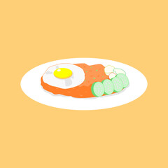 vector illustration of a plate of fried rice with fried egg, cucumber, lettuce and tomato
