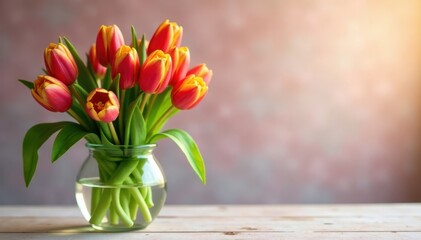 Vibrant tulips arranged in a delicate glass vase, with soft focus and warm lighting , tulips, interior design, vase