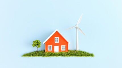 Fototapeta premium A colorful miniature house with a wind turbine and tree, symbolizing sustainable living and eco-friendly architecture.