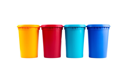 a row of colorful plastic bins