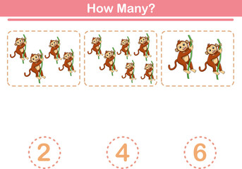 Counting game of monkeys for preschool kids. Printable. Vector Illustration