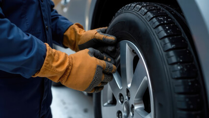 A mechanic in work gloves is changing a car tire.
Concept of automotive service.