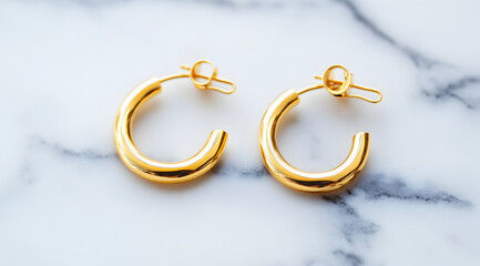 Elegant gold hoop earrings displayed on a marble surface, showcasing their shiny texture and contemporary design.