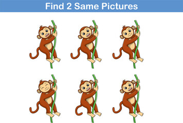 Funny cartoon monkey. Find two same pictures. Educational game for children. Cartoon vector illustration
