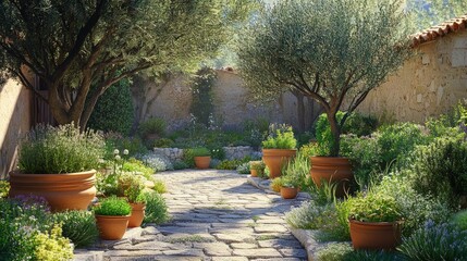 A peaceful Mediterranean garden with rustic stone paths, terracotta pots filled with herbs, and ancient olive trees.