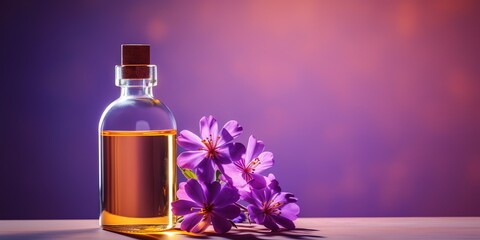 a bottle of oil next to purple flowers