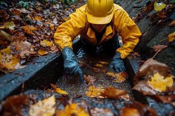A dedicated sanitation worker wearing protective gloves, clearing a clogged storm drain filled with leaves and debris after heavy rainfall, ensuring proper water flow and flood prevention