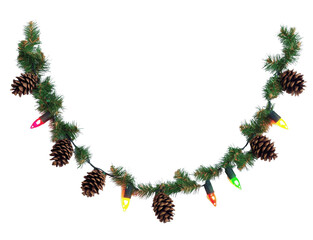 A decorative garland with Christmas lights and pine cones, isolated on a white background, shown from the front with bright colors