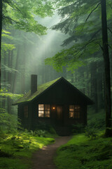 Secluded cabin in a misty forest with light glowing from the windows