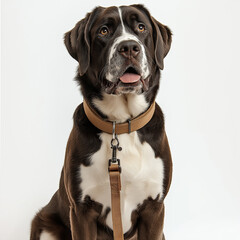 Obraz premium Portrait of large brown and white dog wearing collar and leash