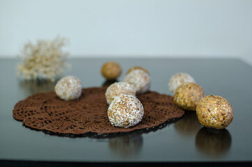 Raw date and coconut protein balls, no bake, gluten free, easy to make and delicious snack, top view