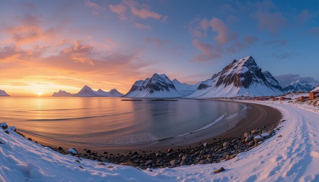 Panorama of Sunset over Ryten mountain and Kvalvika beach in winter at Lofoten
