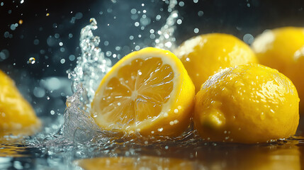 Fresh Lemons with Water Splash, Perfect for Healthy Living, Vibrant, close-up image of multiple lemons, some whole and one sliced, surrounded by a dynamic water splash.