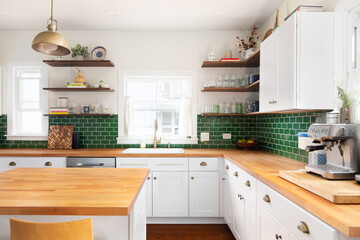 A kitchen detail with butcher block wood countertops, white cabinets, a gold fixture hanging over the island, and green subway tile backsplash. No brands or logos.